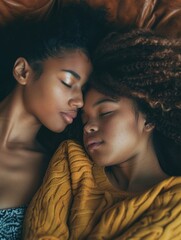 Poster - Two women are sleeping together, one of them wearing a yellow sweater. Scene is peaceful and intimate