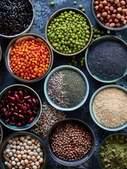 Wall Mural - A variety of colorful beans and nuts are displayed in bowls on a counter. The bowls are arranged in a way that showcases the different colors and textures of the various types of beans and nuts