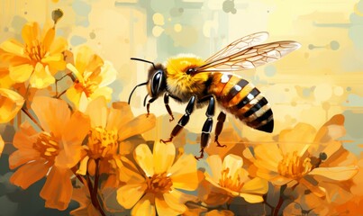 colorful illustration of a fluffy, fluffy bee with transparent wings collecting flower pollen against a bright yellow background