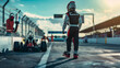 © Maestro - Racer Walking Towards Formula One Car on Race Track Pit Stop Scene