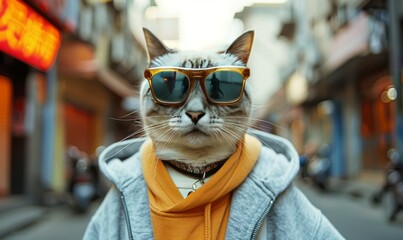 Wall Mural - a cat in a sweatshirt and sunglasses standing outside.