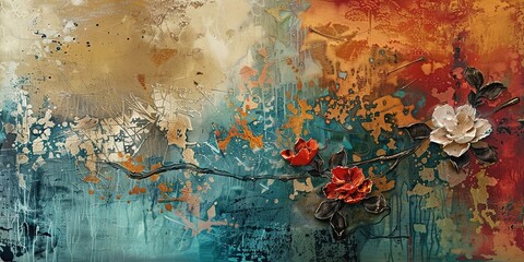 Wall Mural - Red roses on a jerked up old wall. Modern art