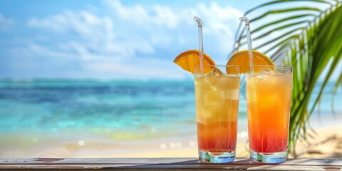 Tropical beach refreshment with two summer cocktails