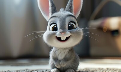 Wall Mural - Cute smiling gray rabbit, very happy to see him