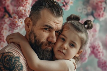 Canvas Print - A man and a little girl are hugging each other. The man has a beard and tattoos on his arm. The girl has her hair in pigtails. Concept of warmth and affection between the two