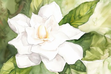 Wall Mural - Watercolor White Flower and Leaves: Purity and Nature