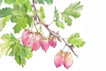 Wall Mural - Watercolor of Ripe Gooseberries on Branch, Concept of Nature’s Bounty