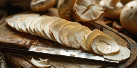 Poster - A knife is cutting up a pile of mushrooms on a wooden cutting board