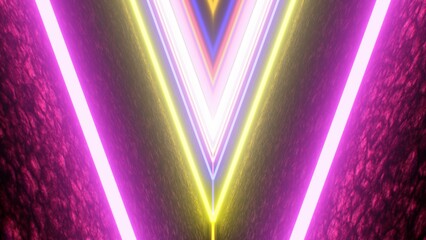 Wall Mural - V Shaped Neon Angled Line Tubes Endless 3D Colorful Tunnel Glowing - Abstract Background Texture