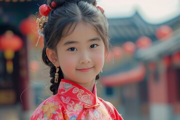 Sticker - Smiling young girl in vibrant red traditional chinese dress with elegant hair decorations