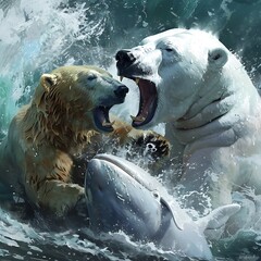 A polar bear fighting with a beluga whale over food. --v 6.0 - Image #1 @AAA