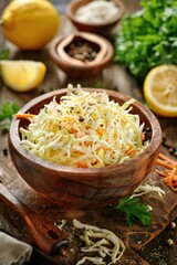 Wall Mural - A bowl of coleslaw sits on a wooden table with a spoon and a few carrots. The bowl is filled with shredded cabbage and a dressing, and there are a few lemons and a pepper shaker nearby