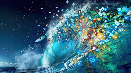 A bold graphic of a surfer riding a wave made up of computer code and software icons, symbolizing success in the IT and tech industry.