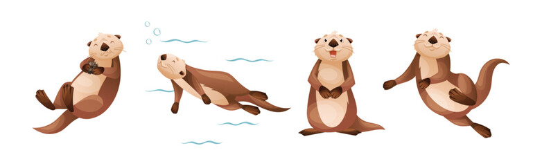 Wall Mural - sea otter as marine mammal and aquatic creature with brown coat and long tail vector set