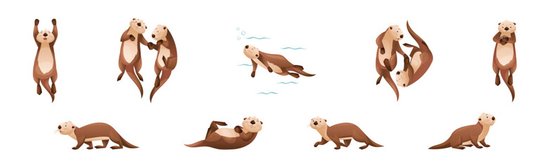 Wall Mural - sea otter as marine mammal and aquatic creature with brown coat and long tail vector set