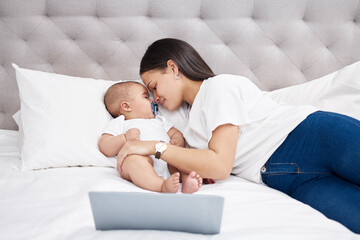 Poster - Mother, baby and bed in home for relax, laptop and series for educational learning show. Infant, newborn and female person for motherhood and childhood development, bedroom and love with affection