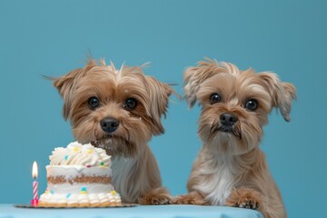 Wall Mural - Two small dogs are looking at a cake with candles on it. The cake is placed on a table in front of the dogs