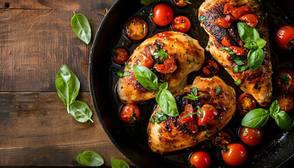 Poster - Grilled Chicken breast stuffed with tomatoes, garlic and basil in pan. Top view