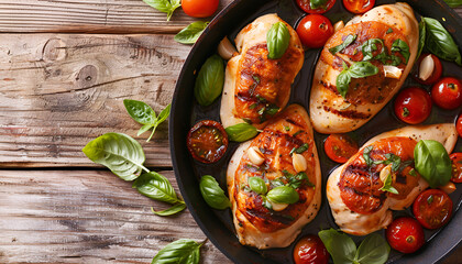 Wall Mural - Grilled Chicken breast stuffed with tomatoes, garlic and basil in pan. Top view