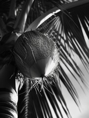 Sticker - A close up of a coconut with a black and white filter. The coconut is the main focus of the image, and the black and white filter gives it a timeless and classic feel