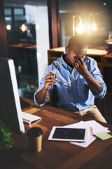 Wall Mural - Businessman, headache and night with stress in fatigue, pressure or strain for deadline at office. Frustrated man or tired employee working late or overworked with migraine in depression or burnout