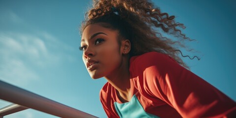 Wall Mural - A woman with long hair is wearing a red and blue shirt and is leaning on a metal railing