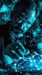 Wall Mural - Man Working With Blue Network in Dark Room