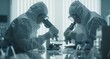 © Georgii - Scientists in protective gear using microscopes in laboratory for research and analysis