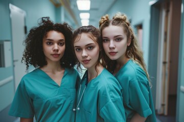 Wall Mural - Three women in green scrubs are posing for a picture. They are all wearing stethoscopes around their necks