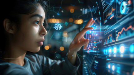 Woman Interacting With Holographic Data Display