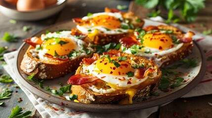 Wall Mural - A plate of four egg sandwiches with bacon and parsley. The plate is on a wooden table