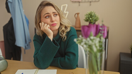 Poster - Pensive blonde woman sitting at home with a notepad, reflecting in a cozy, modern living room setting.