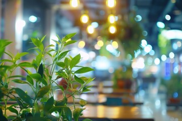 Wall Mural - A plant is sitting on a table in a restaurant. The restaurant is dimly lit, giving it a cozy atmosphere