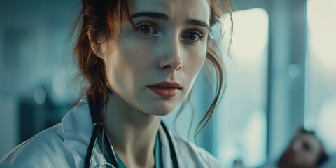 Wall Mural - A woman in a white lab coat is looking at the camera with a sad expression. She is wearing a stethoscope around her neck