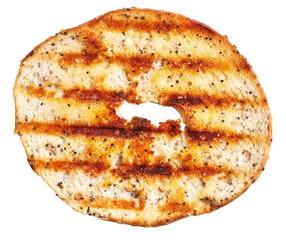 Sticker - Toasted bagel with seeds isolated on white background showing texture and golden-brown crust.