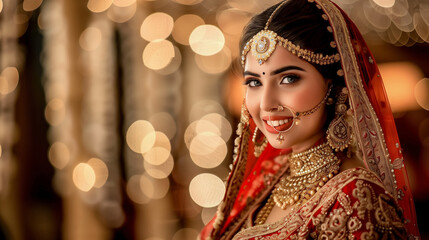 Beautiful indian girl looking in camera. Young hindu woman model with gold jewelry. Traditional Indian costume red saree, bridal, marriage, wth copy space, banner, background