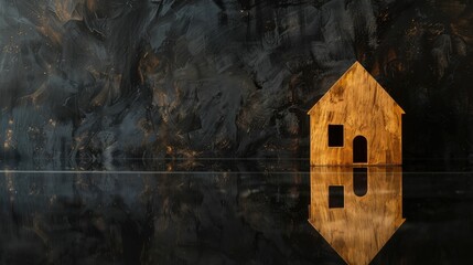 Poster - Wooden house reflected on black acrylic board with empty space