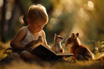 Canvas Print - a little boy reading a book with two animals