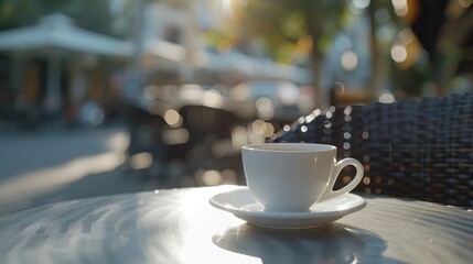 Wall Mural - A white coffee cup sits on a table in front of a sunny window. The scene is set in a cafe, with several chairs and tables around the area