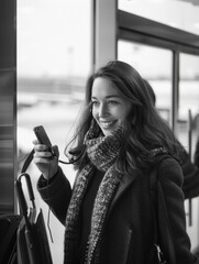 Wall Mural - A woman is smiling and holding a cell phone. She is wearing a scarf and a coat. She is standing in front of a window