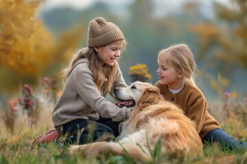 Canvas Print - two little girls playing with a dog