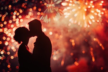 Wall Mural - a couple in love kissing against the background of fireworks