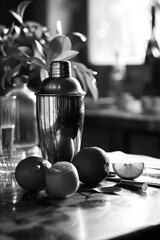 Wall Mural - A black and white photo of a table with a cocktail shaker, a bottle, and several oranges and limes