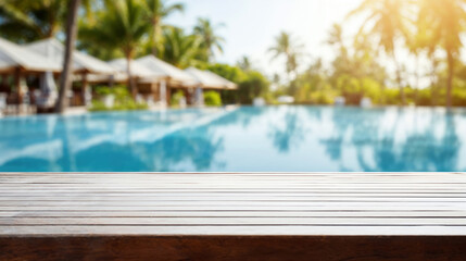 Empty wooden tabletop perfect for displaying your product against a blurred background of a tropical resort pool