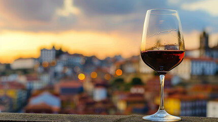 A glass of a red Portuguese wine with blurred Porto city in the background