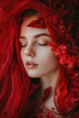 Canvas Print - A woman is wearing a red dress and a red veil. She is looking at the camera with a smile on her face. The image has a warm and inviting mood, and it seems like a happy