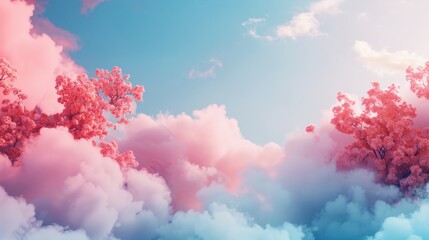 Wall Mural - Pink clouds in the sky with pink trees in the background