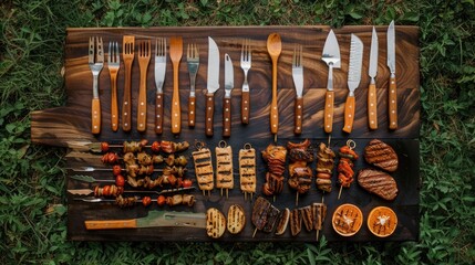 Wall Mural - A black tray filled with grilled steak, vegetables, and other ingredients, including cherry tomatoes, corn, and mushrooms