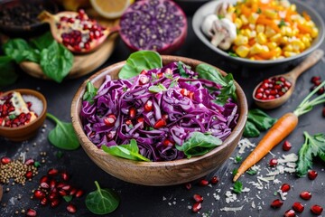 Wall Mural - A bowl of food with a purple cabbage and carrots on a table. The bowl is surrounded by other bowls and spoons