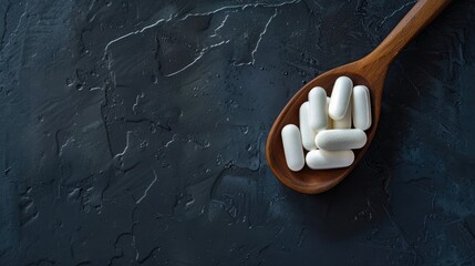 Wall Mural - Pills arranged on wooden spoon against dark backdrop